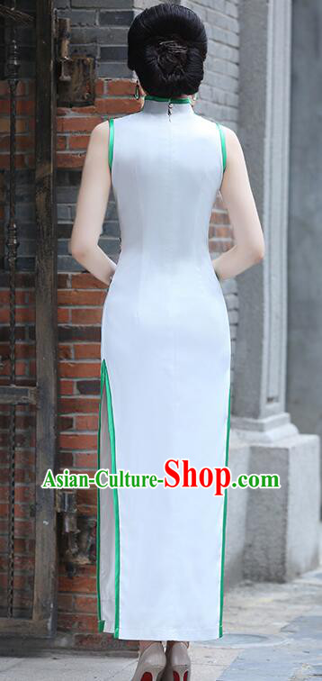 Chinese Embroidered Yulan Mangnolia Long Qipao Traditional Dress White Sleeveless Cheongsam Chinese Embroidered Yulan Mangnolia Long Qipao Traditional Dress White Sleeveless Cheongsam