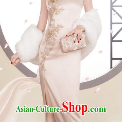 Chinese Champagne Sleeveless Cheongsam Embroidered Beads Long Qipao Elegant Dress