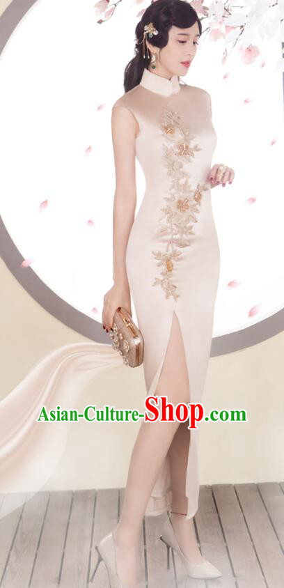 Chinese Champagne Sleeveless Cheongsam Embroidered Beads Long Qipao Elegant Dress Chinese Champagne Sleeveless Cheongsam Embroidered Beads Long Qipao Elegant Dress