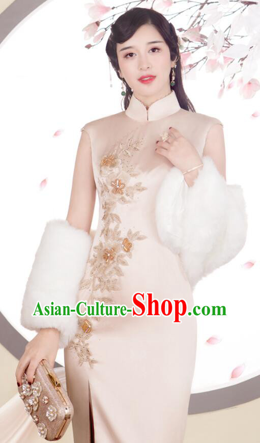 Chinese Champagne Sleeveless Cheongsam Embroidered Beads Long Qipao Elegant Dress Chinese Champagne Sleeveless Cheongsam Embroidered Beads Long Qipao Elegant Dress