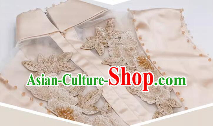 Chinese Champagne Sleeveless Cheongsam Embroidered Beads Long Qipao Elegant Dress Chinese Champagne Sleeveless Cheongsam Embroidered Beads Long Qipao Elegant Dress