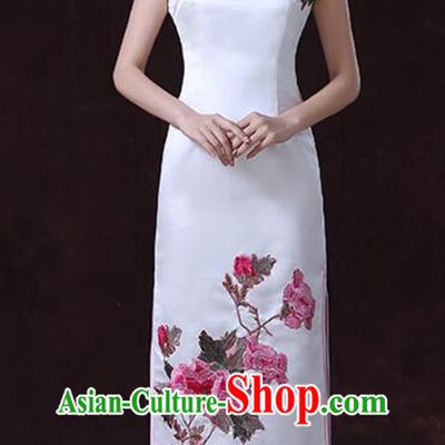 Chinese Elegant Dress White Sleeveless Cheongsam Embroidered Peony Long Qipao