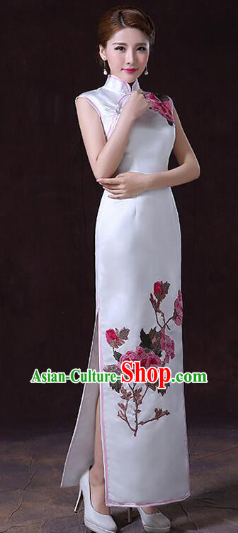 Chinese Elegant Dress White Sleeveless Cheongsam Embroidered Peony Long Qipao Chinese Elegant Dress White Sleeveless Cheongsam Embroidered Peony Long Qipao
