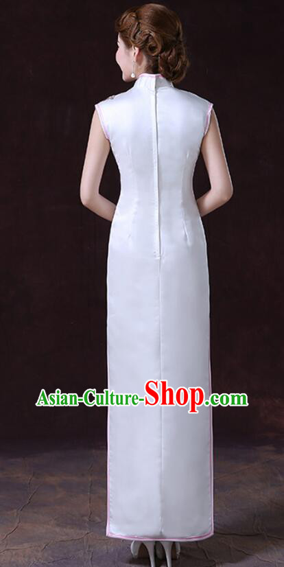 Chinese Elegant Dress White Sleeveless Cheongsam Embroidered Peony Long Qipao Chinese Elegant Dress White Sleeveless Cheongsam Embroidered Peony Long Qipao