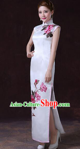 Chinese Elegant Dress White Sleeveless Cheongsam Embroidered Peony Long Qipao Chinese Elegant Dress White Sleeveless Cheongsam Embroidered Peony Long Qipao