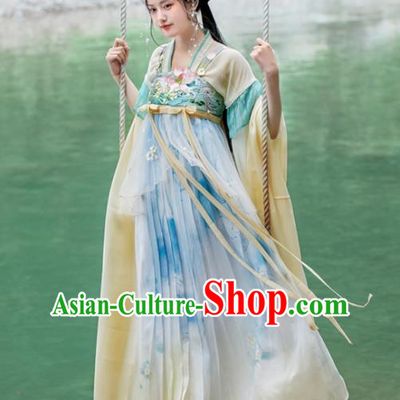 China Tang Dynasty Young Lady Costumes Traditional Light Blue Hanfu Dresses Ancient Goddess Clothing