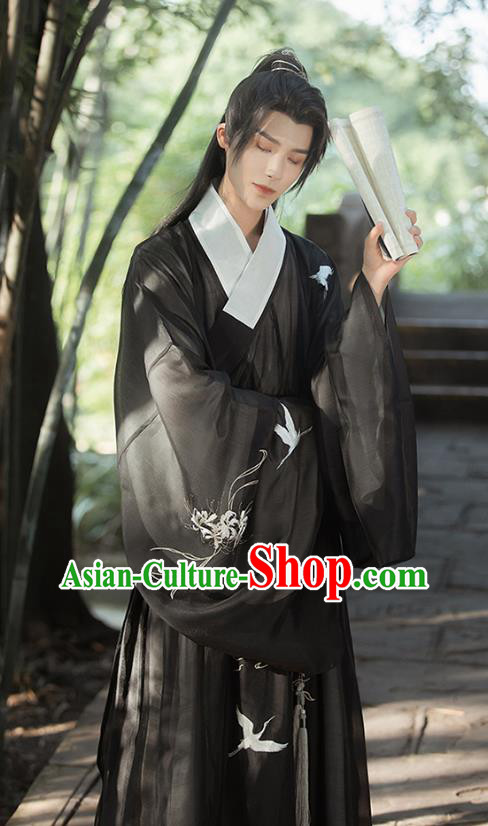Male Traditional Hanfu Black Outfit China Ming Dynasty Young Childe Clothing Ancient Scholar Costumes Male Traditional Hanfu Black Outfit China Ming Dynasty Young Childe Clothing Ancient Scholar Costumes