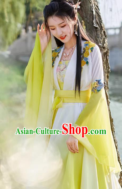 China Yellow Wide Sleeve Flow Fairy Dress Ancient Fairy Costume Tang Dynasty Woman Clothing China Yellow Wide Sleeve Flow Fairy Dress Ancient Fairy Costume Tang Dynasty Woman Clothing