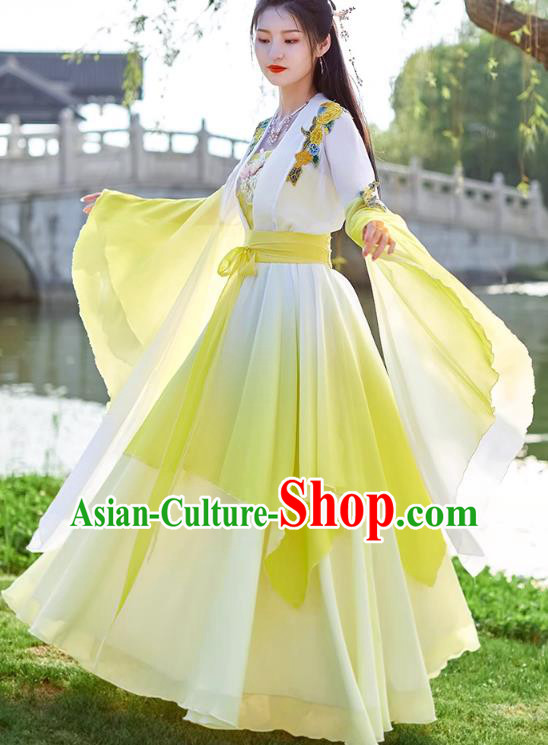 China Yellow Wide Sleeve Flow Fairy Dress Ancient Fairy Costume Tang Dynasty Woman Clothing China Yellow Wide Sleeve Flow Fairy Dress Ancient Fairy Costume Tang Dynasty Woman Clothing