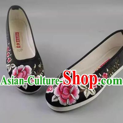 Handmade Old Peking Strong Cloth Soles Shoes Chinese Black Satin Shoes Embroidered Peony Shoes