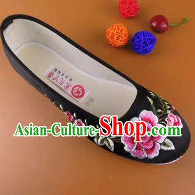 Chinese Handmade Old Peking Strong Cloth Soles Shoes Black Satin Shoes Embroidered Peony Shoes