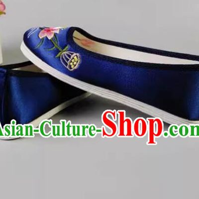 Chinese Dark Blue Satin Shoes Embroidered Lotus Shoes Handmade Old Peking Shoes
