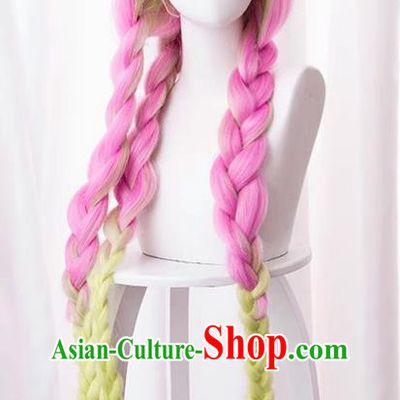 Demon Slayer Kimetsu No Yaiba Kanroji Mi Glass Pink Purple Gradient Green Three Twist Braids Cos Wig