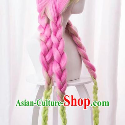 Demon Slayer Kimetsu No Yaiba Kanroji Mi Glass Pink Purple Gradient Green Three Twist Braids Cos Wig