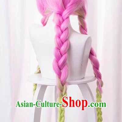 Demon Slayer Kimetsu No Yaiba Kanroji Mi Glass Pink Purple Gradient Green Three Twist Braids Cos Wig