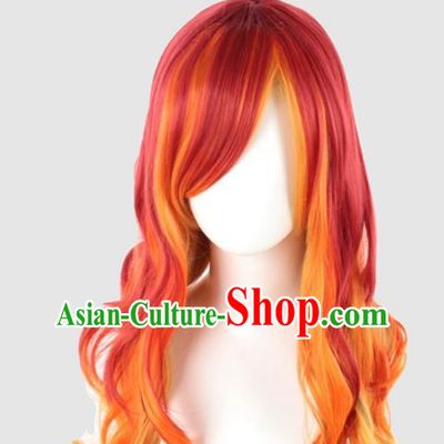 Long Curly Hair Mixed With Red Gradient Khaki Long Hair European And American Cosplay Nightclub Full Head Wig