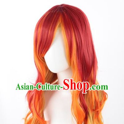 Long Curly Hair Mixed With Red Gradient Khaki Long Hair European And American Cosplay Nightclub Full Head Wig