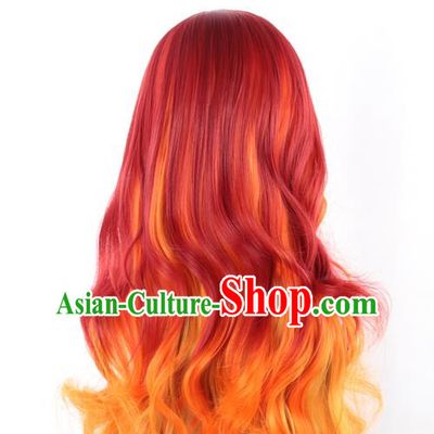 Long Curly Hair Mixed With Red Gradient Khaki Long Hair European And American Cosplay Nightclub Full Head Wig