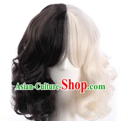 European And American Style Black And White Double Color High Temperature Wire Wig For Ladies With Short Curly Hair