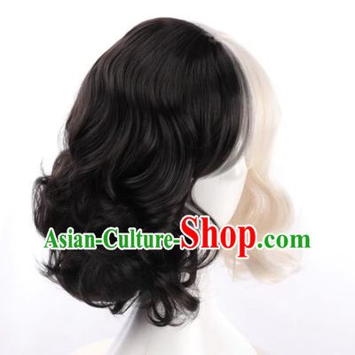 European And American Style Black And White Double Color High Temperature Wire Wig For Ladies With Short Curly Hair