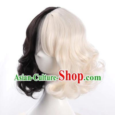 European And American Style Black And White Double Color High Temperature Wire Wig For Ladies With Short Curly Hair