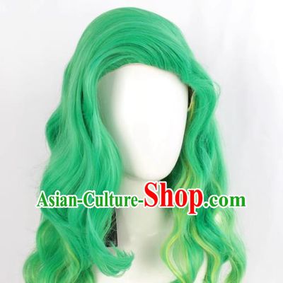 European And American Front Flip Up Style Women Whole Wig Green Gradient Yellow Large Wavy Medium Long Curly Hair