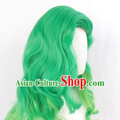 European And American Front Flip Up Style Women Whole Wig Green Gradient Yellow Large Wavy Medium Long Curly Hair
