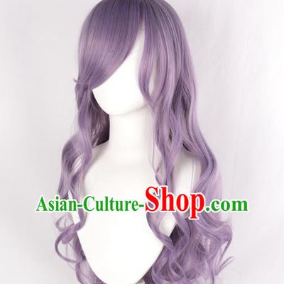 Women With Long Curly Hair Big Wavy Oblique Bangs Taro Purple COSPLAY Anime Lolita Full Wig