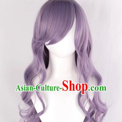 Women With Long Curly Hair Big Wavy Oblique Bangs Taro Purple COSPLAY Anime Lolita Full Wig