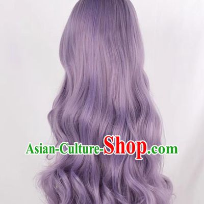 Women With Long Curly Hair Big Wavy Oblique Bangs Taro Purple COSPLAY Anime Lolita Full Wig