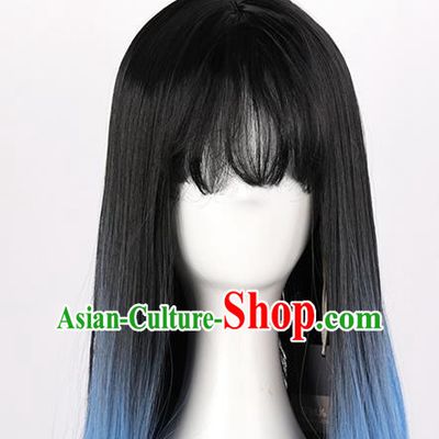 Black Gradient Sapphire Blue Dyed Mid Length Inner Button Curly Hair Ladies Daily Air Bangs Full Wig