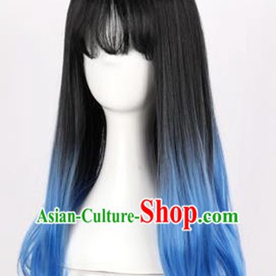 Black Gradient Sapphire Blue Dyed Mid Length Inner Button Curly Hair Ladies Daily Air Bangs Full Wig