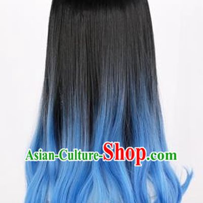 Black Gradient Sapphire Blue Dyed Mid Length Inner Button Curly Hair Ladies Daily Air Bangs Full Wig