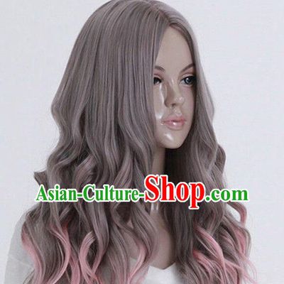 European And American Long Curly Hair Corn Perm Gray Gradient Pink Middle Parted Scalp Ladies Prom Lolita Wig