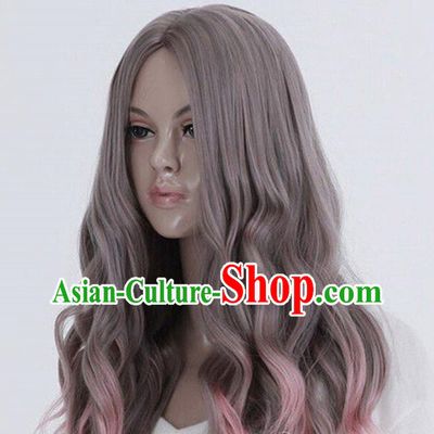 European And American Long Curly Hair Corn Perm Gray Gradient Pink Middle Parted Scalp Ladies Prom Lolita Wig