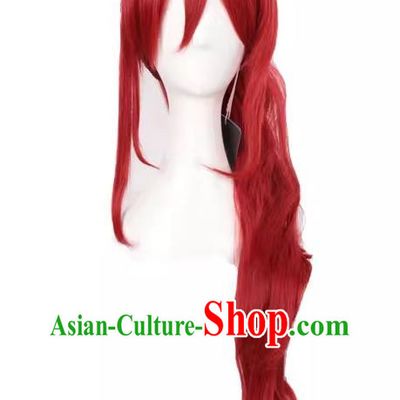 Fairy Tail Erza Cos Wig Dark Red Body + Tiger Mouth Clip Female Whole Head Fake Hair