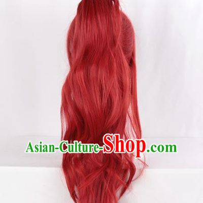 Fairy Tail Erza Cos Wig Dark Red Body + Tiger Mouth Clip Female Whole Head Fake Hair