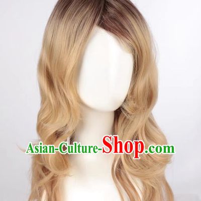 Mixed Flaxen Slightly Curly Mid Length Women Slanted Bangs Full Wig
