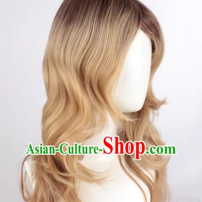 Mixed Flaxen Slightly Curly Mid Length Women Slanted Bangs Full Wig