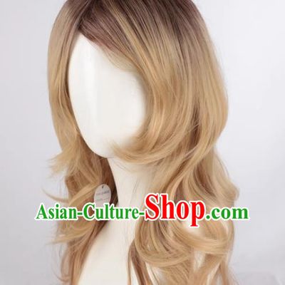 Mixed Flaxen Slightly Curly Mid Length Women Slanted Bangs Full Wig