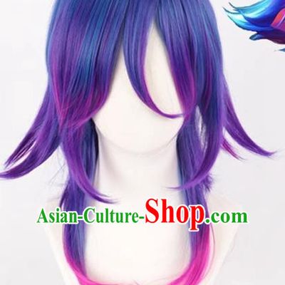 Nicole Wanhua Psychic Purple Blue Curved Short Hair Female Animation Cos Wig