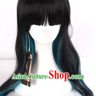 Harajuku Long Straight Hair Black Mixed Blue Gradient Fake Hair Cosplay Rose Net Full Wig