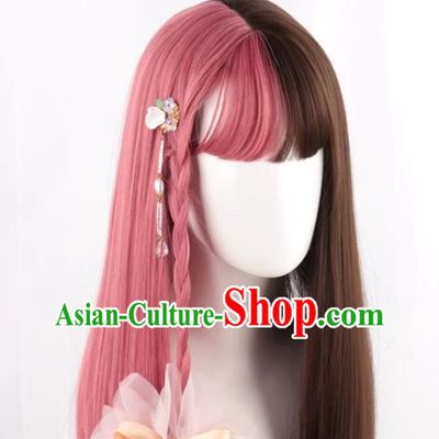 Wig For Women With Long Straight Hair Lolita Natural Internet Celebrity Color Matching Gradient Pink And Brown Two Color Girl Full Fake Hair