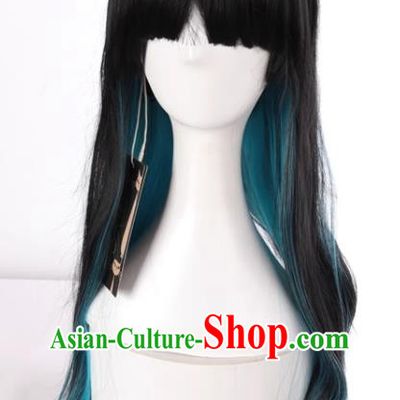 Harajuku Long Straight Hair Black Mixed Blue Gradient Fake Hair Cosplay Rose Net Full Wig