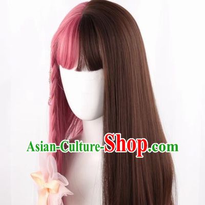 Wig For Women With Long Straight Hair Lolita Natural Internet Celebrity Color Matching Gradient Pink And Brown Two Color Girl Full Fake Hair