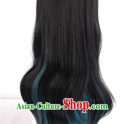 Harajuku Long Straight Hair Black Mixed Blue Gradient Fake Hair Cosplay Rose Net Full Wig