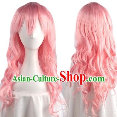High Temperature Silk Rose Mesh Water Pink Oblique Bangs Big Wavy Long Curly Hair Cos Wig