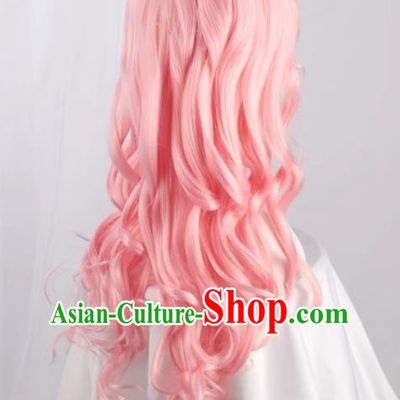 High Temperature Silk Rose Mesh Water Pink Oblique Bangs Big Wavy Long Curly Hair Cos Wig