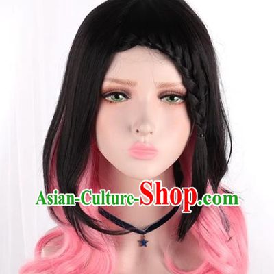 Lolita Girls Fake Hair Black Mixed Pink Side Braids Cos Daily Wig