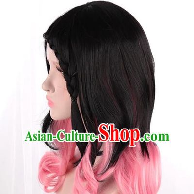 Lolita Girls Fake Hair Black Mixed Pink Side Braids Cos Daily Wig